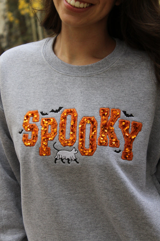 SPOOKY SEQUIN CREWNECK SWEATSHIRT IN GREY